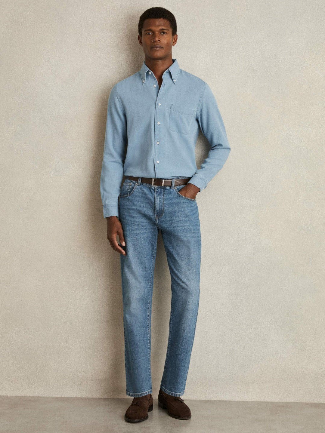 Reiss Cotton-Piqué Button-Down Chambray Shirt in Washed Blue