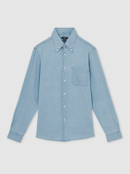 Reiss Cotton-Piqué Button-Down Chambray Shirt in Washed Blue