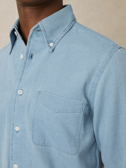 Reiss Cotton-Piqué Button-Down Chambray Shirt in Washed Blue