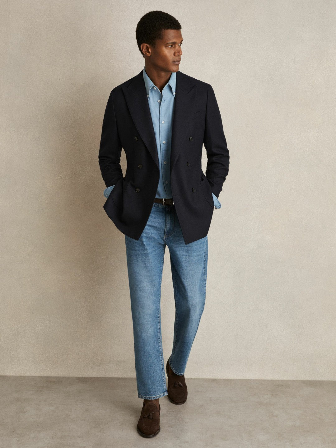 Reiss Cotton-Piqué Button-Down Chambray Shirt in Washed Blue