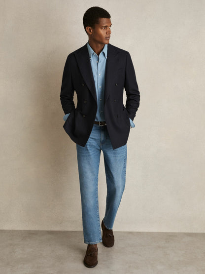Reiss Cotton-Piqué Button-Down Chambray Shirt in Washed Blue