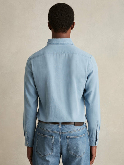 Reiss Cotton-Piqué Button-Down Chambray Shirt in Washed Blue