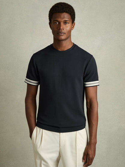 Reiss Tape-Cuff Textured T-Shirt in Navy