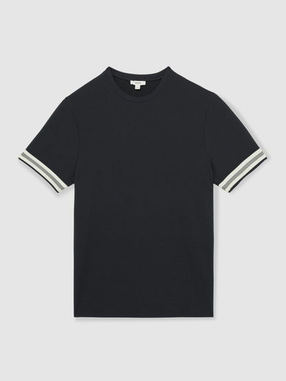 Reiss Tape-Cuff Textured T-Shirt in Navy