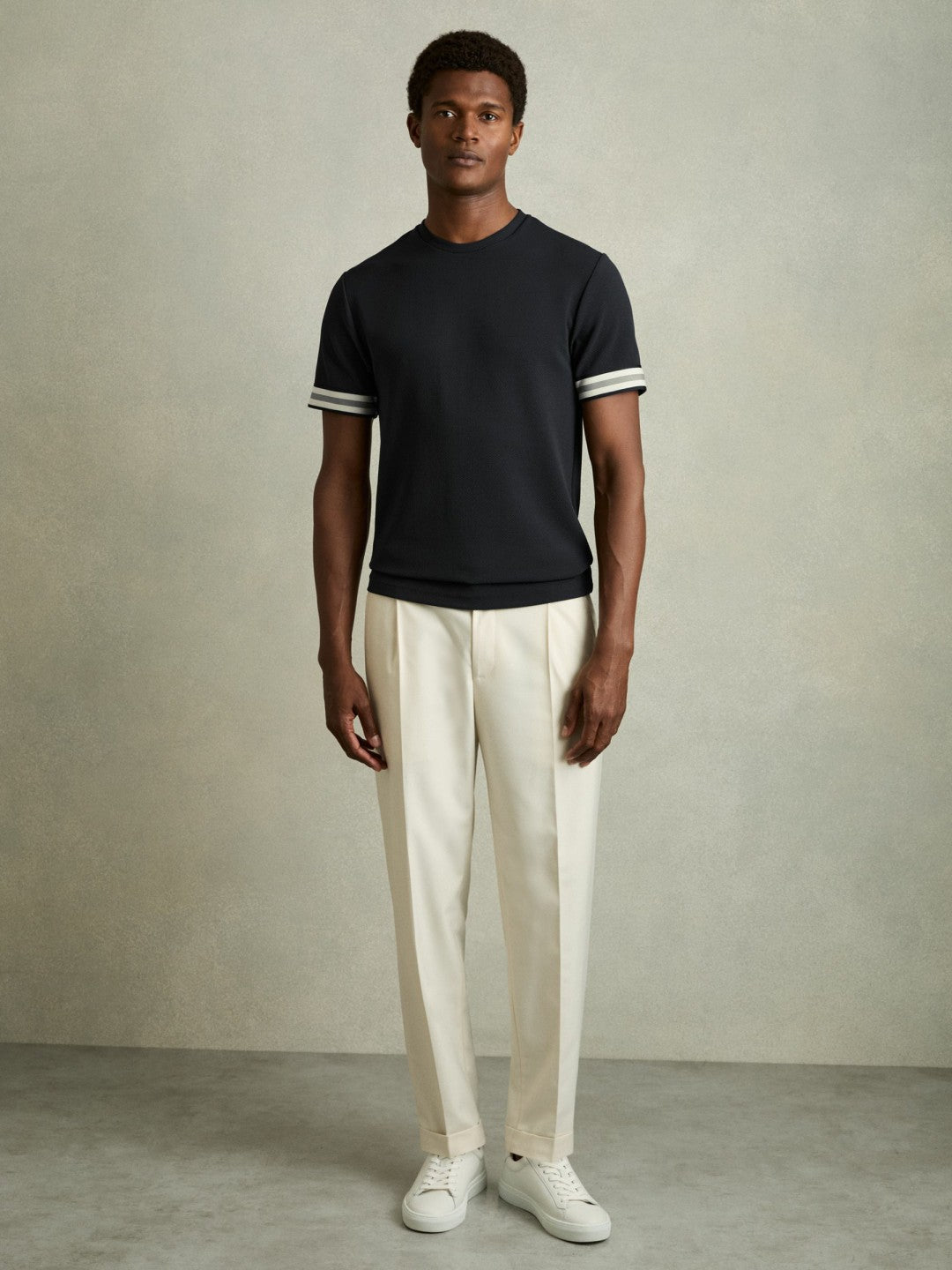 Reiss Tape-Cuff Textured T-Shirt in Navy