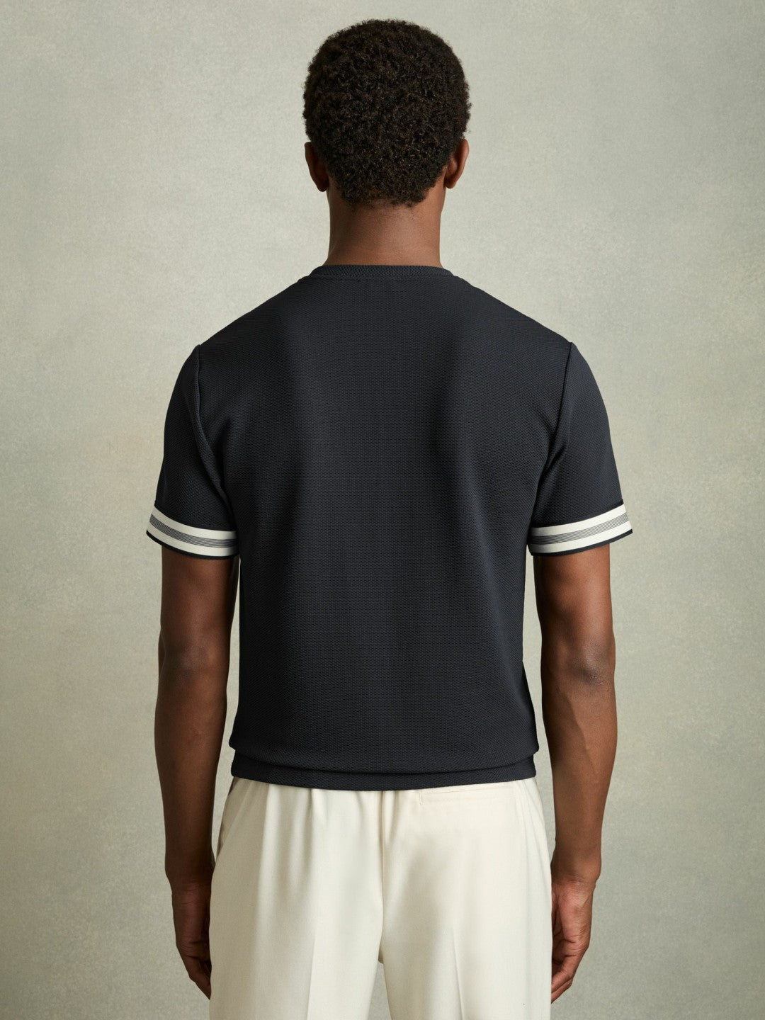 Reiss Tape-Cuff Textured T-Shirt in Navy