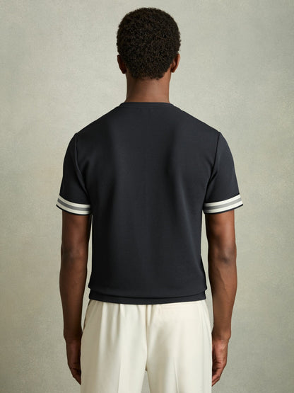 Reiss Tape-Cuff Textured T-Shirt in Navy