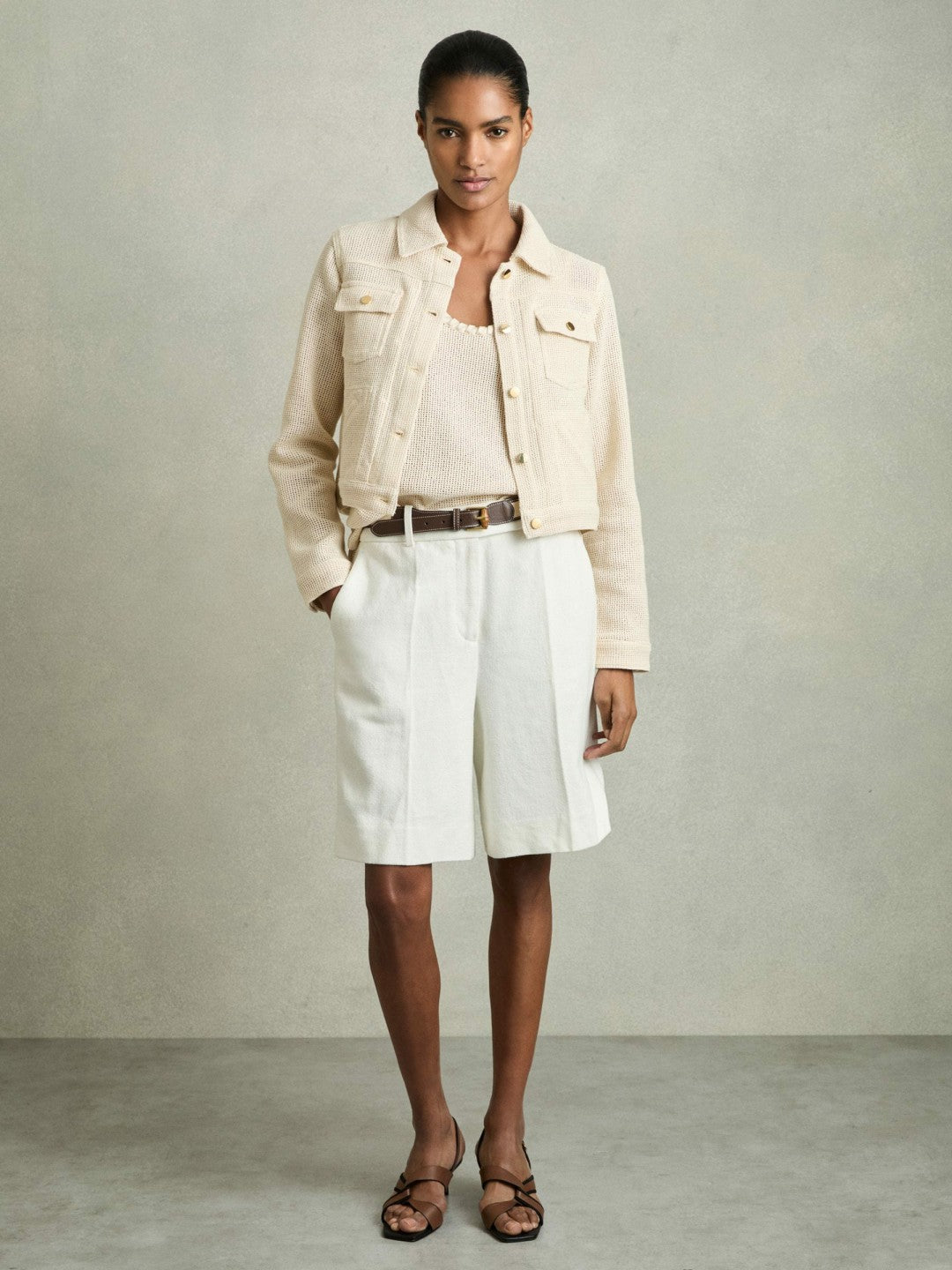 Reiss Cotton-Blend Textured Trucker Jacket in Neutral