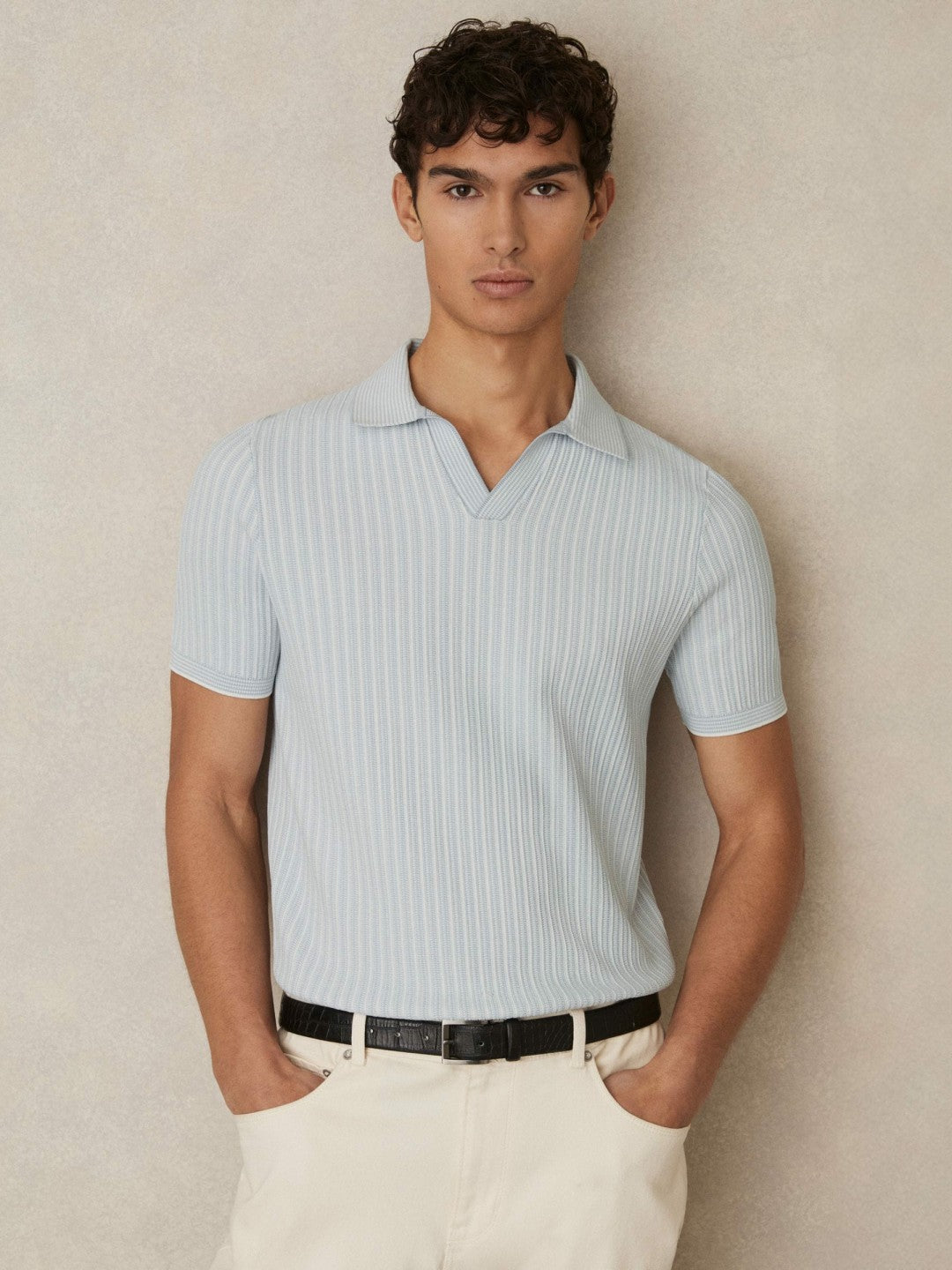Reiss Open-Collar Textured Polo Shirt in Soft Blue/White
