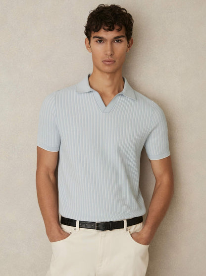Reiss Open-Collar Textured Polo Shirt in Soft Blue/White