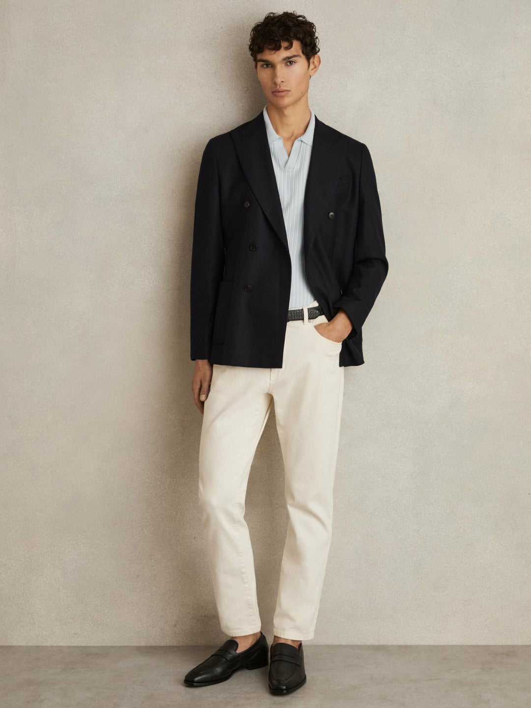 Reiss Open-Collar Textured Polo Shirt in Soft Blue/White