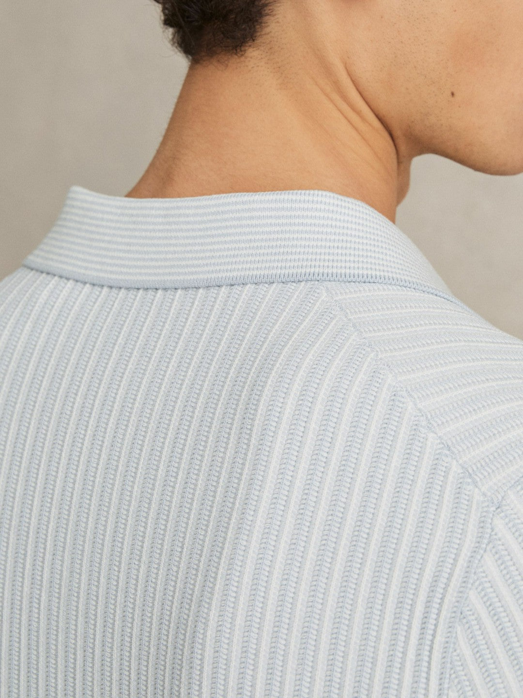 Reiss Open-Collar Textured Polo Shirt in Soft Blue/White