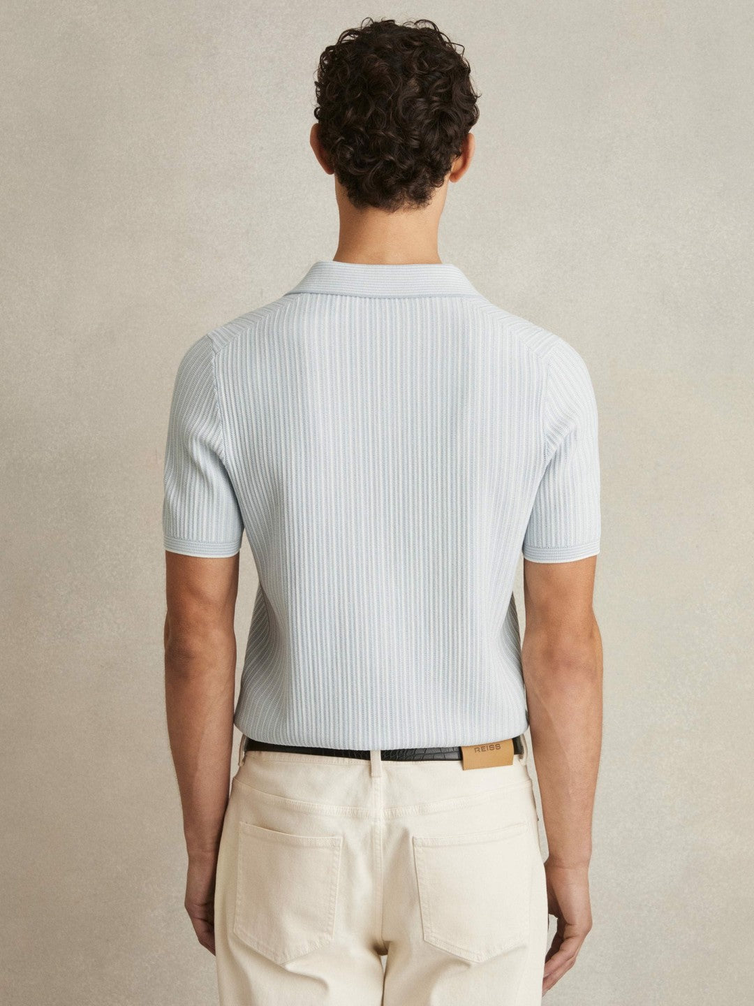 Reiss Open-Collar Textured Polo Shirt in Soft Blue/White