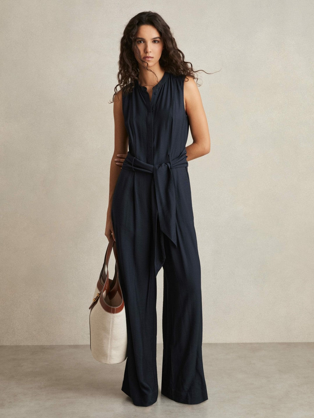 Reiss Wide-Leg Belted Jumpsuit in Navy