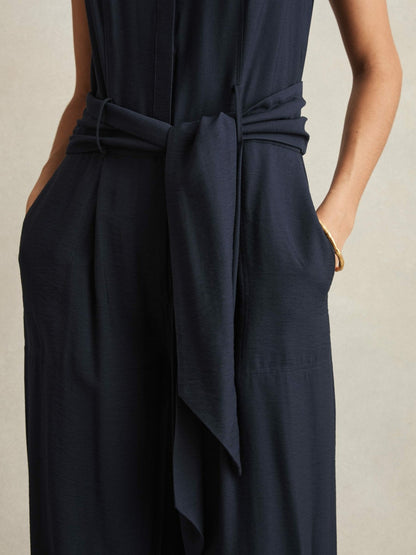 Reiss Wide-Leg Belted Jumpsuit in Navy