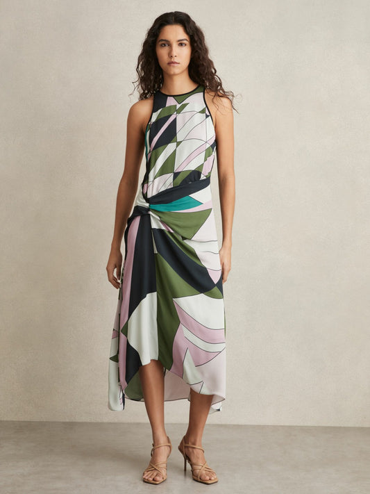 Reiss Geometric-Print Gathered Midi Dress in Green