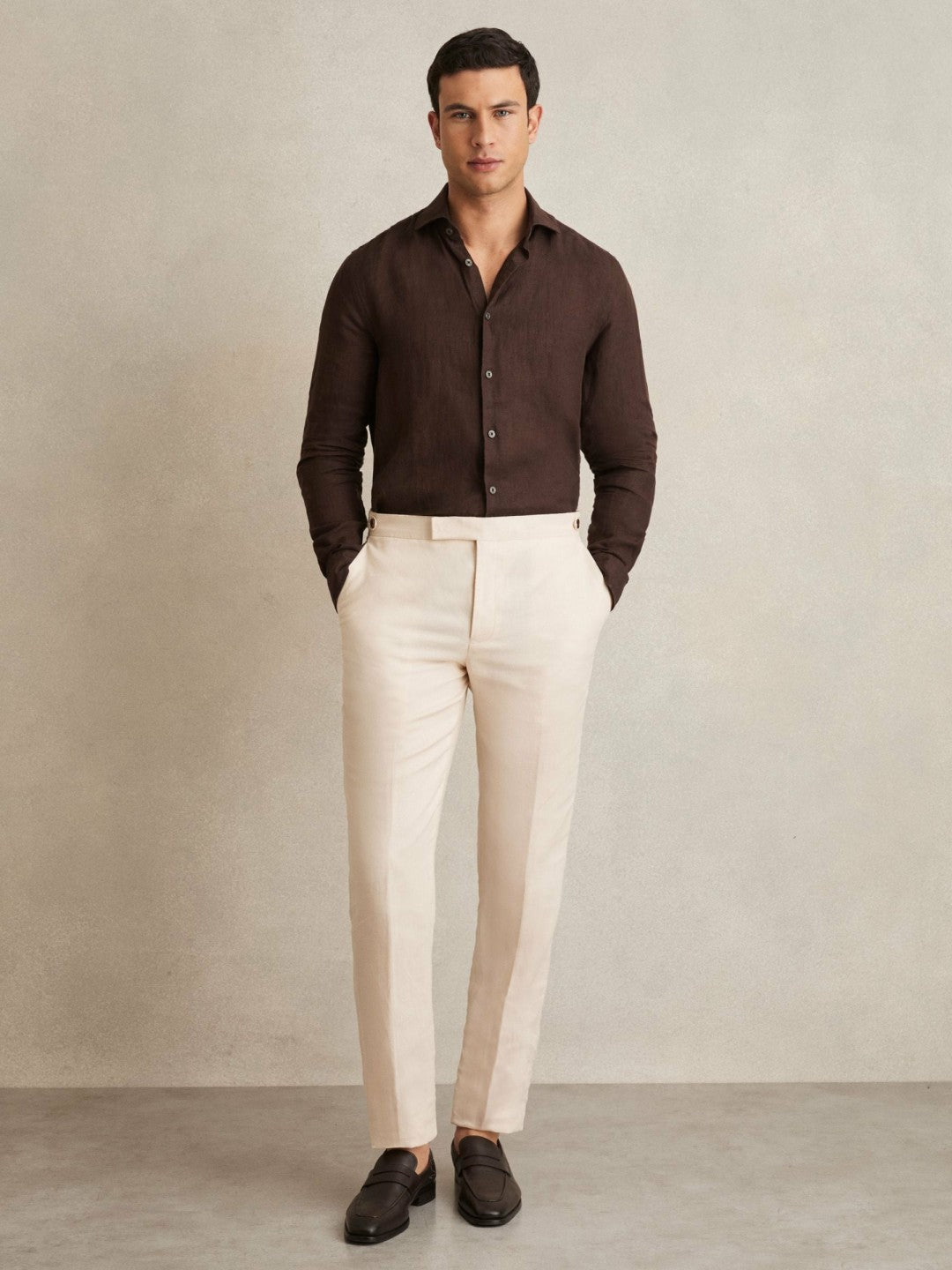 Reiss Linen Button-Through Shirt in Dark Brown