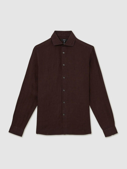 Reiss Linen Button-Through Shirt in Dark Brown