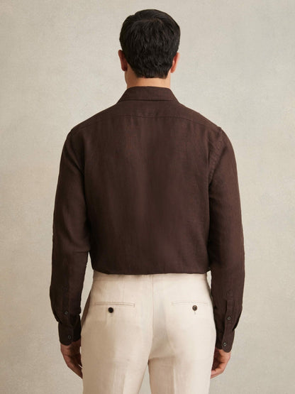 Reiss Linen Button-Through Shirt in Dark Brown