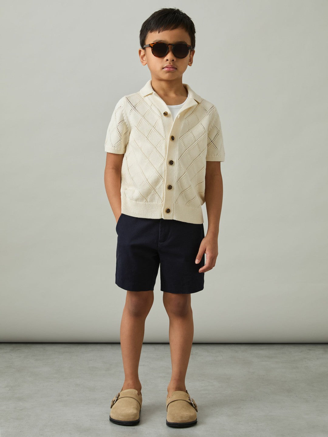 Reiss 3-9 yrs Cotton Blend Diamond Knit Shirt in Off White