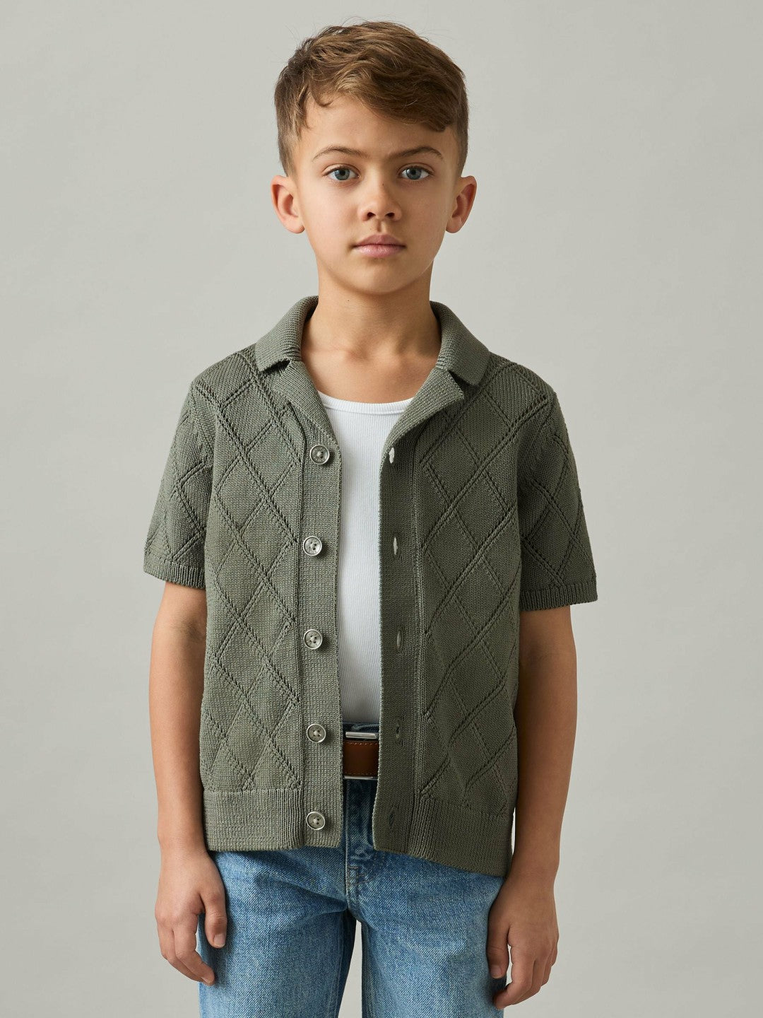 Reiss 9-13 yrs Cotton Blend Diamond Knit Shirt in Dark Sage