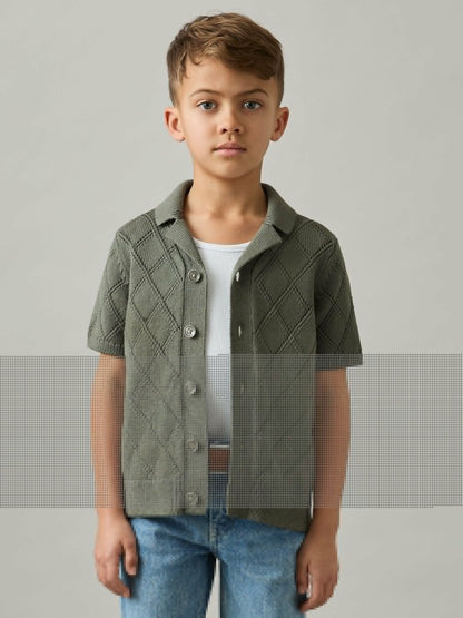 Reiss 3-9 yrs Cotton Blend Diamond Knit Shirt in Dark Sage