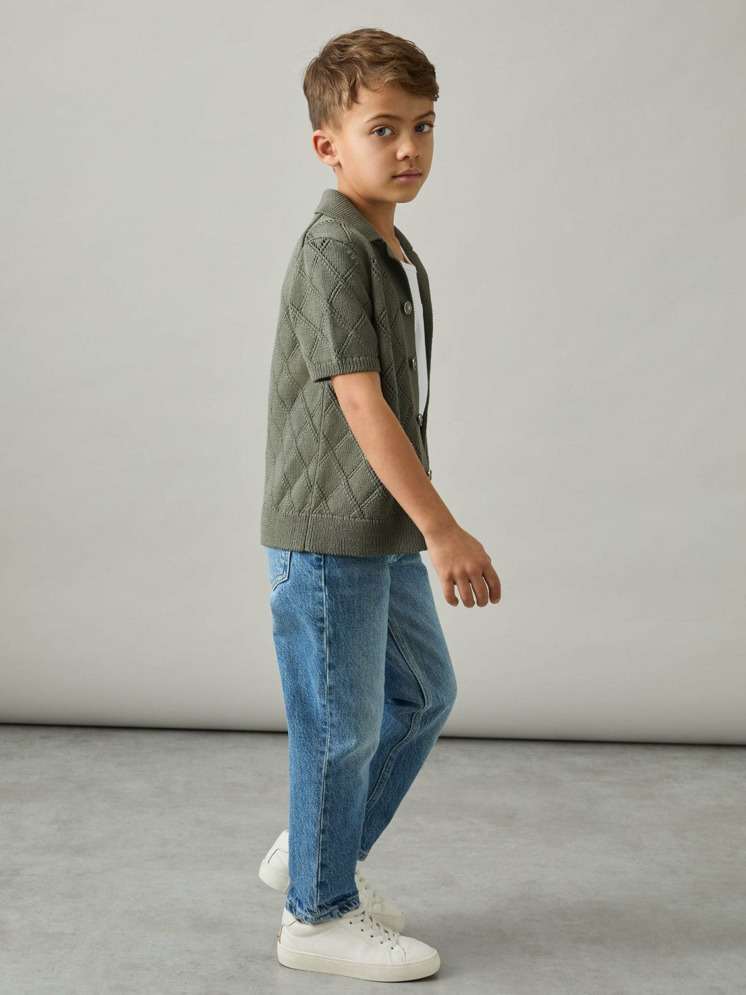 Reiss 3-9 yrs Cotton Blend Diamond Knit Shirt in Dark Sage