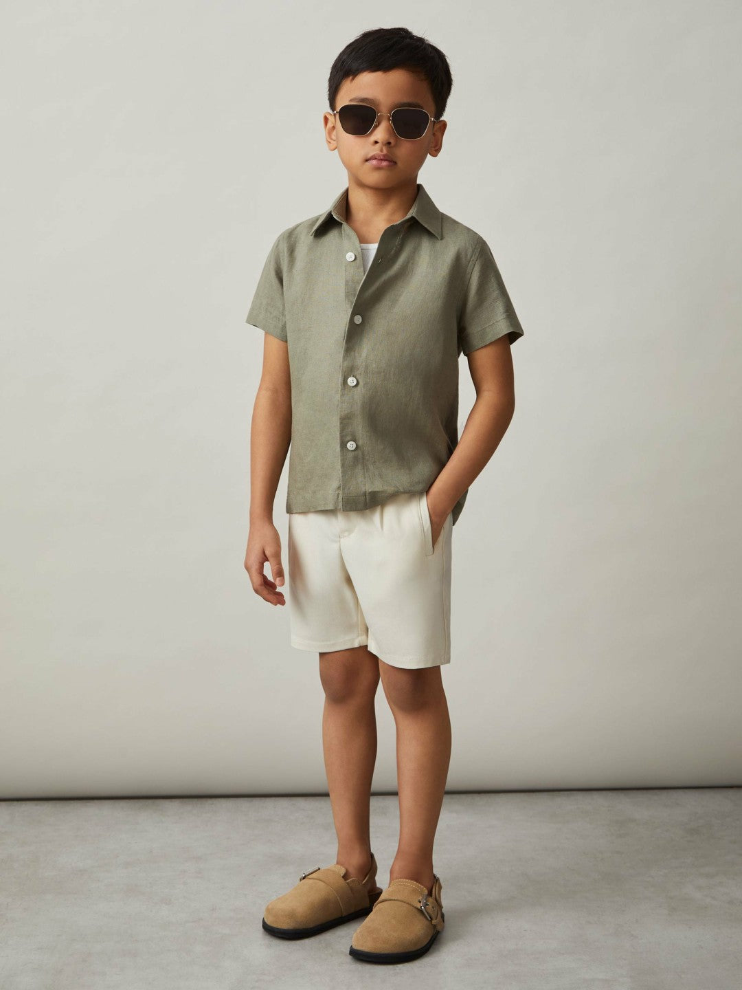 Reiss 3-9 yrs Short Sleeve Linen Shirt in Thyme Green