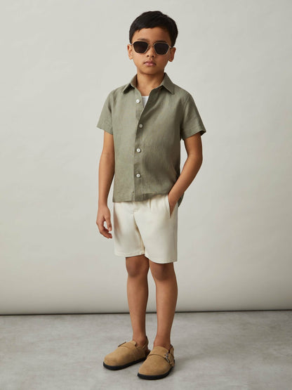 Reiss 3-9 yrs Short Sleeve Linen Shirt in Thyme Green