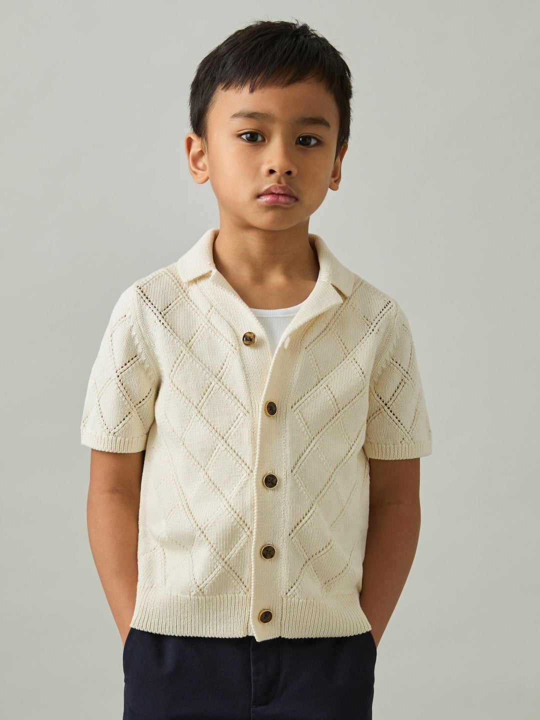 Reiss 9-13 yrs Cotton Blend Diamond Knit Shirt in Off White