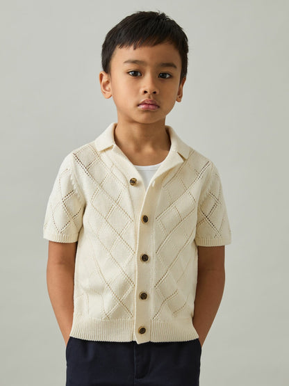 Reiss 9-13 yrs Cotton Blend Diamond Knit Shirt in Off White