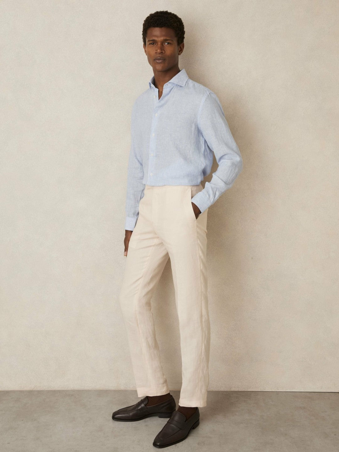 Reiss Linen Striped Long Sleeve Shirt in Soft Blue/White Fine Stripe