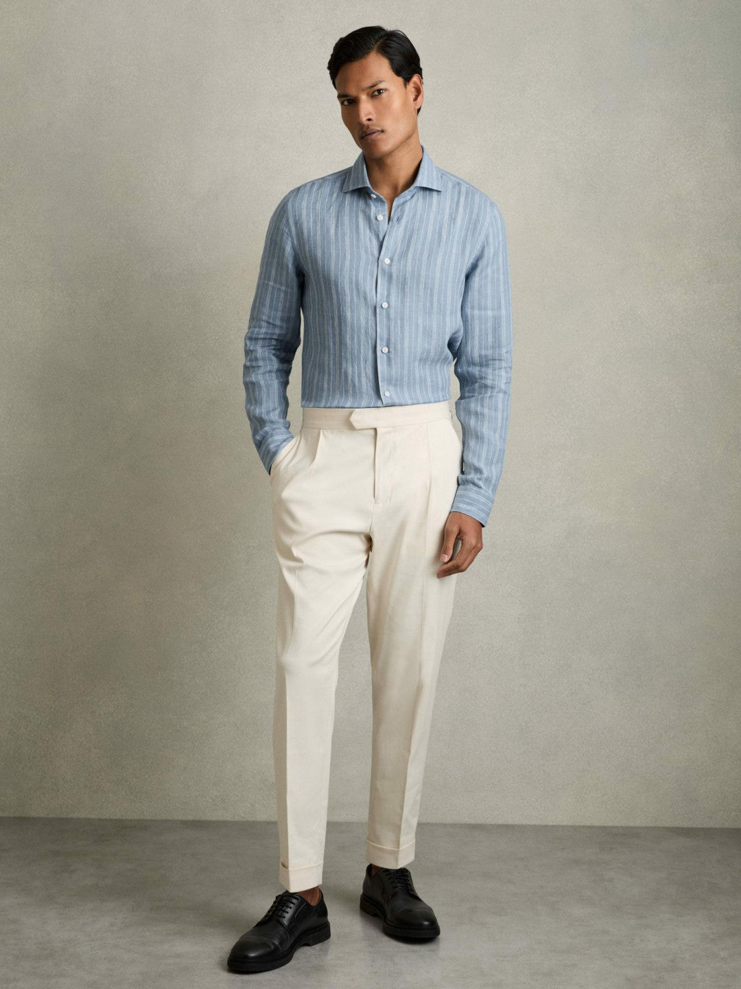 Reiss Linen Striped Long Sleeve Shirt in Airforce Blue/White Bengal Stripe