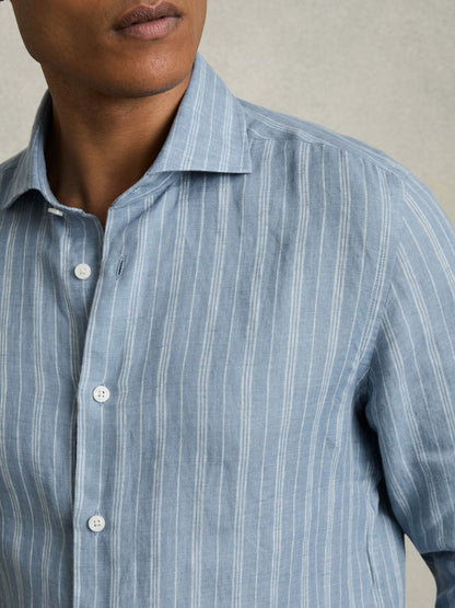 Reiss Linen Striped Long Sleeve Shirt in Airforce Blue/White Bengal Stripe