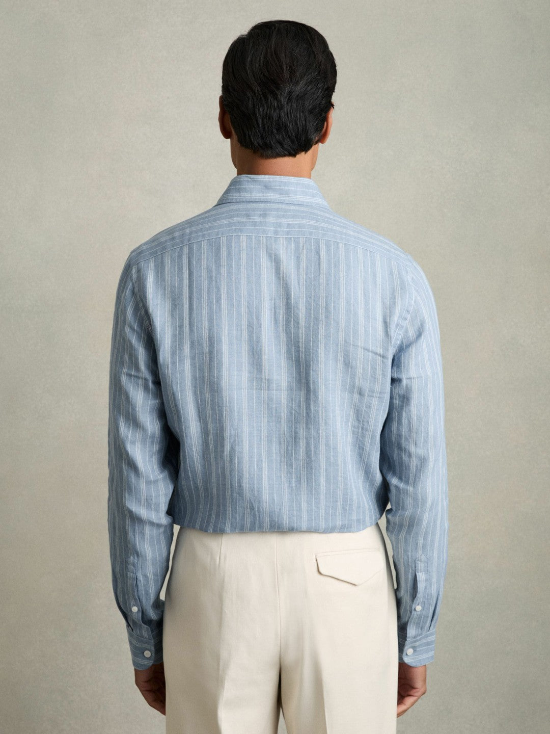 Reiss Linen Striped Long Sleeve Shirt in Airforce Blue/White Bengal Stripe
