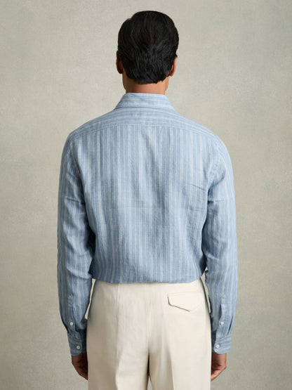 Reiss Linen Striped Long Sleeve Shirt in Airforce Blue/White Bengal Stripe