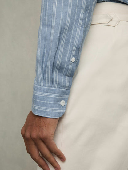 Reiss Linen Striped Long Sleeve Shirt in Airforce Blue/White Bengal Stripe