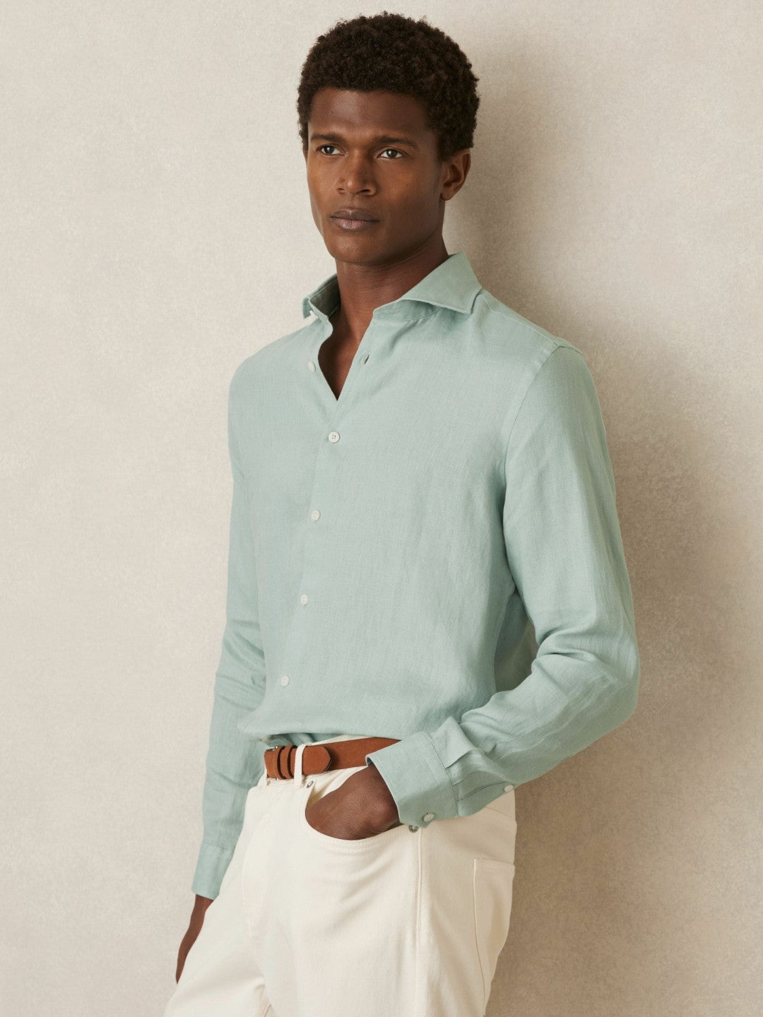 Reiss Linen Button-Through Shirt in Ocean Green
