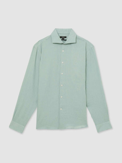 Reiss Linen Button-Through Shirt in Ocean Green