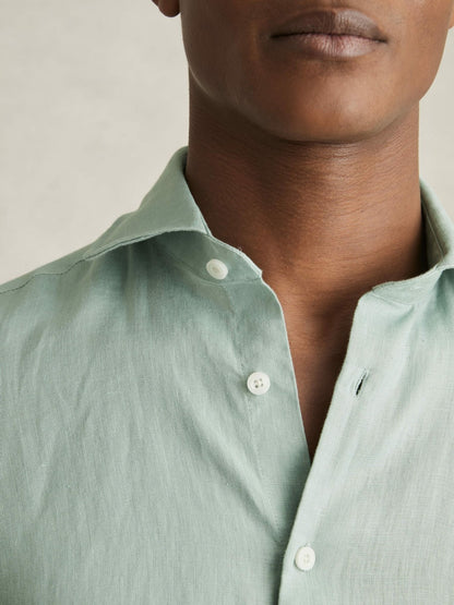 Reiss Linen Button-Through Shirt in Ocean Green