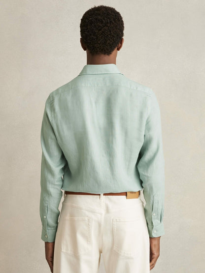 Reiss Linen Button-Through Shirt in Ocean Green