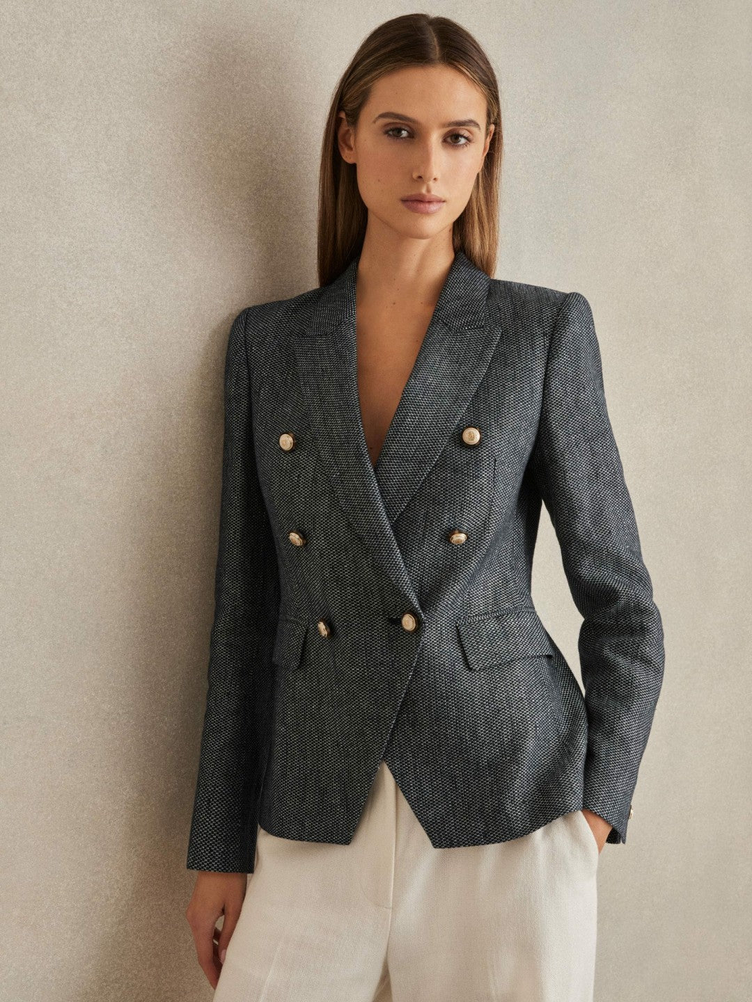 Reiss Linen-Cotton Double-Breasted Blazer in Navy