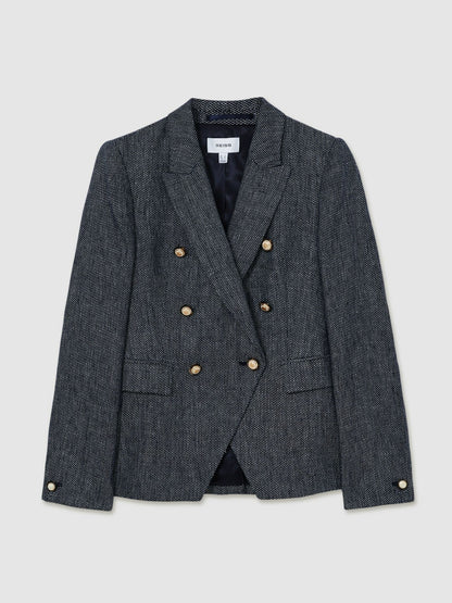 Reiss Linen-Cotton Double-Breasted Blazer in Navy