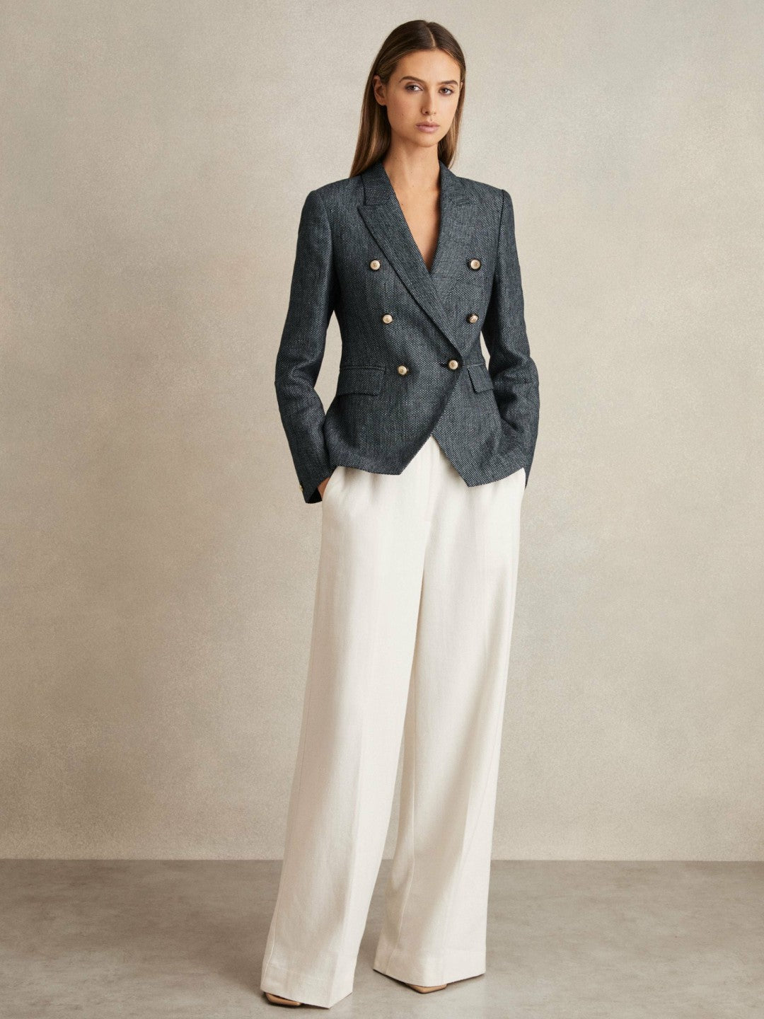 Reiss Linen-Cotton Double-Breasted Blazer in Navy