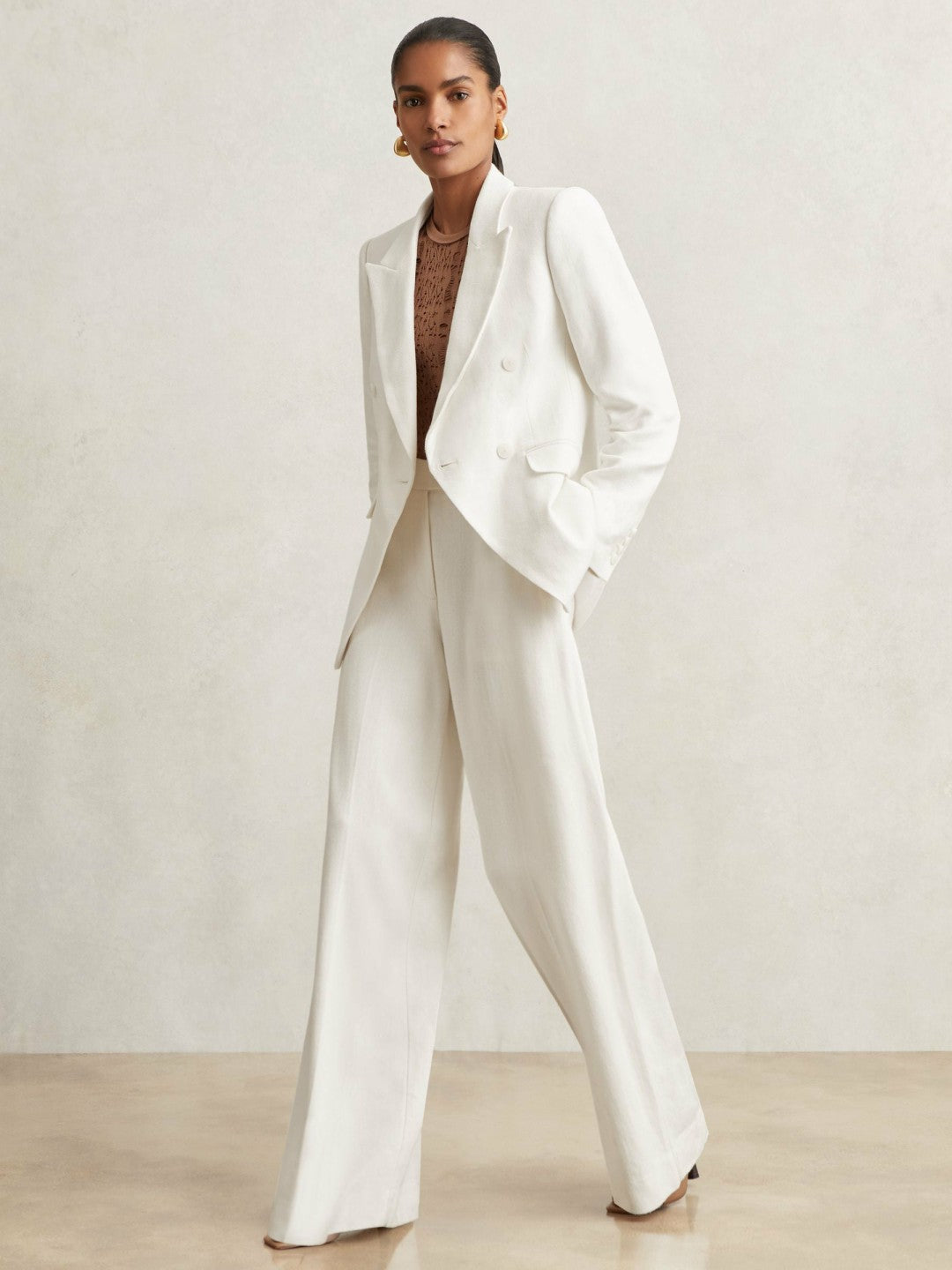 Reiss Petite Linen-Blend Double-Breasted Suit Jacket in White