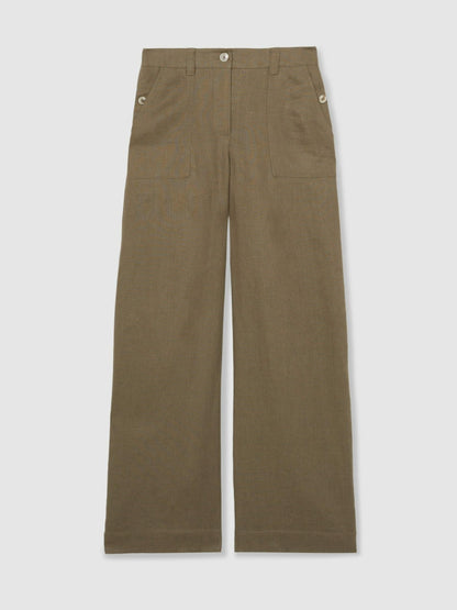 Reiss Linen Wide Leg Trousers in Khaki
