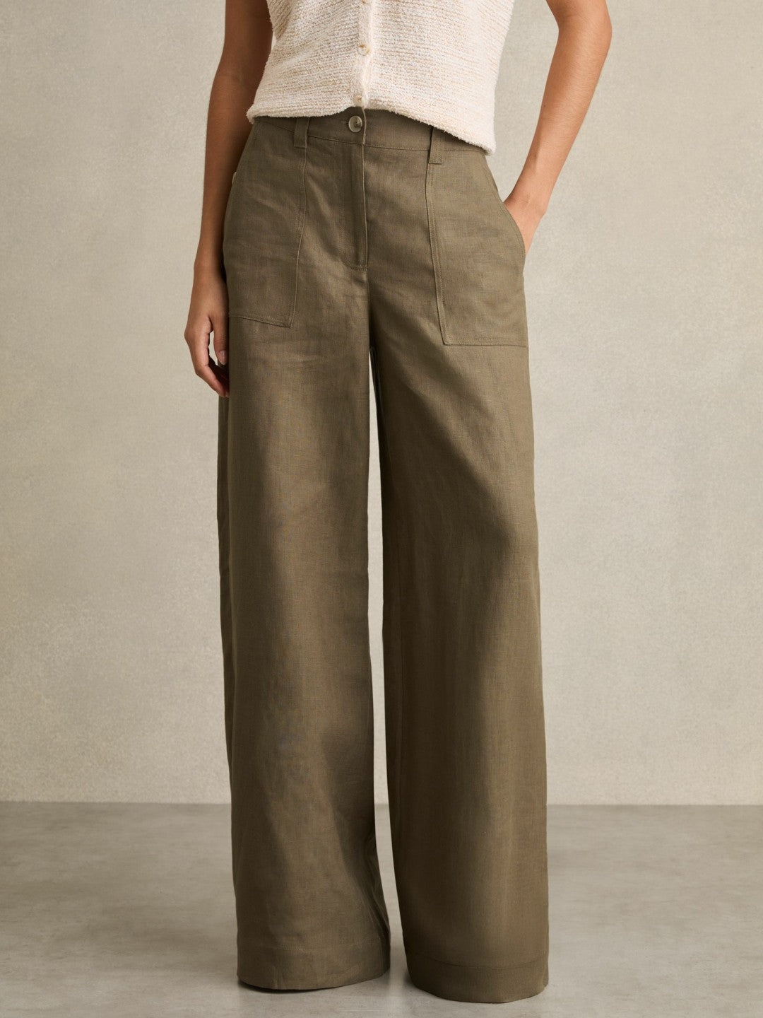 Reiss Linen Wide Leg Trousers in Khaki