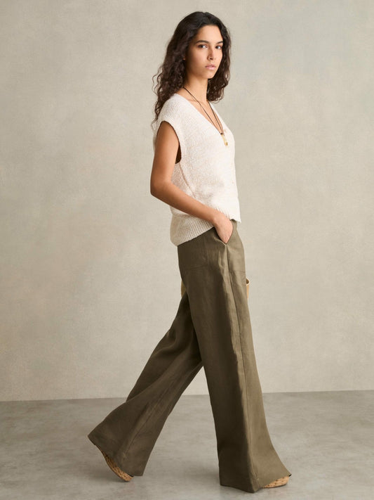 Reiss Petite Linen Wide Leg Trousers in Khaki