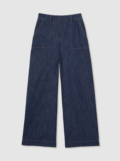 Reiss Petite Linen Wide Leg Trousers in Indigo