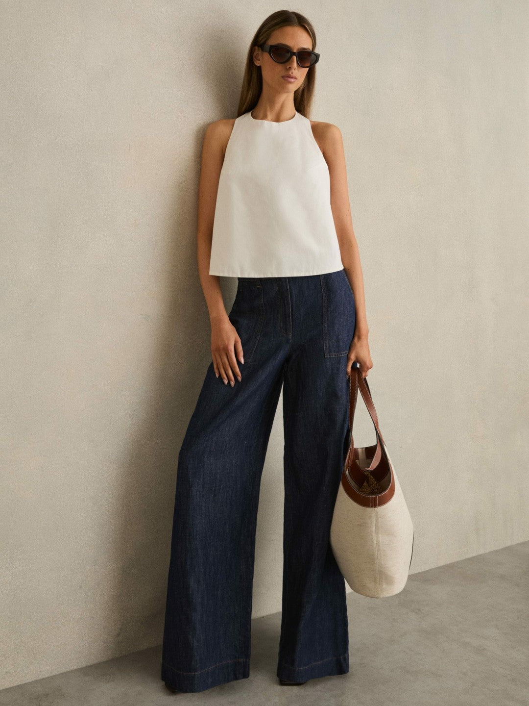 Reiss Petite Linen Wide Leg Trousers in Indigo